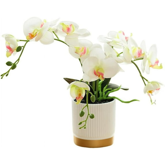 Artificial Phalaenopsis, 33cm Artificial Faux Orchid Arrangement with Vase, Artificial Potted Flowers, Phalaenopsis Orchid in Vase for Home Decoration (White)