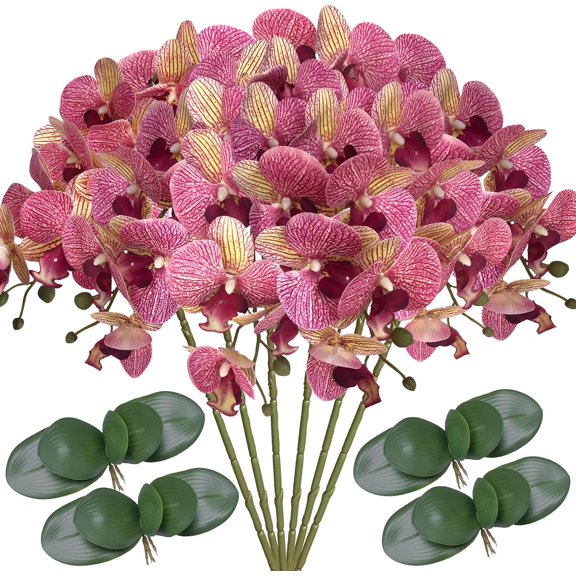 Artificial Phalaenopsis Flowers with 4 Bundles Leaves Artificial Orchid Flowers Stem Plants for Home Décor (Purple)