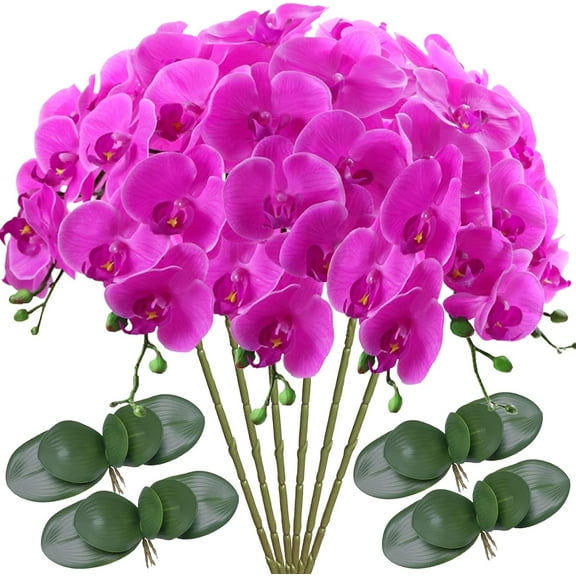 Artificial Phalaenopsis Flowers with 4 Bundles Leaves Artificial Orchid Flowers Stem Plants for Home Décor (Purple)
