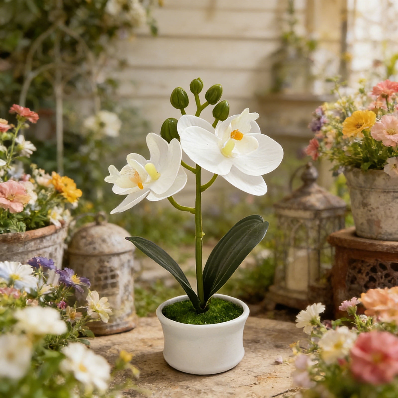 Artificial Phalaenopsis Orchid with Pot Faux Butterfly Orchid Arrangement Realistic Fake Flower for Home Living Room Office Table Centerpiece Decor,White