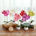 thumbnail image 1 of Artificial Phalaenopsis Orchid Potted Plant | Lifelike Silk Flower Arrangement | Maintenance-Free Tabletop Accent | Ceramic Glossy Pot | 11 x 3 in | Purple, White, Pink, Red, Green | 1 Piece, 1 of 6