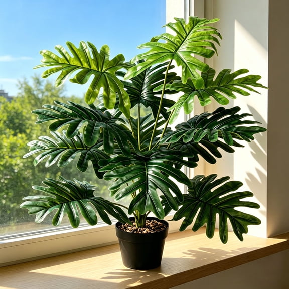 Artificial Philodendron Bipinnatifidum Potted Plant,Tropical Indoor Decor with Lush Green Leaves,Sturdy Plastic Construction,Easy Care Faux Greenery for Home Office Bedroom
