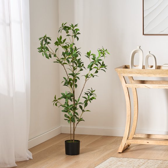 Artificial Pieris Tree 47.2 Inch Tall Faux Potted Plant for Home Decor Green Rattan Look Low Maintenance