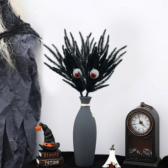 Artificial Pine Branch Halloween Decor, 18" Black Gothic Floral Pick for Haunted House Centerpiece, Eerie Wreath Spider Web Display(D)