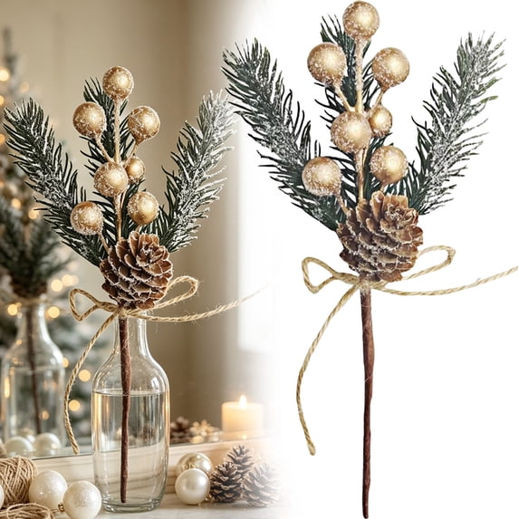 Artificial Pine Branches for Christmas,Christmas Tree Twig Picks,Twigs Branches Decorative Bead Sticks for Christmas Tree Decorations Wreath Vase Holiday Decor,1 Pack