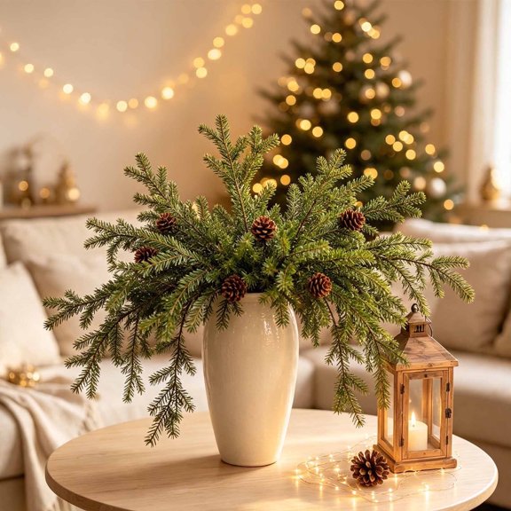 Artificial Pine Branches with Pine Cones 5 Pack Christmas Holiday Faux Cuttings for Wreaths and Table Decorations