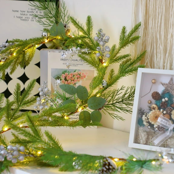 Artificial Pine Garland with Red Berries and Pinecones, Lighted 6FT Norfolk Pine Christmas Vine for Mantel, Wall, or Doorway Holiday Decoration