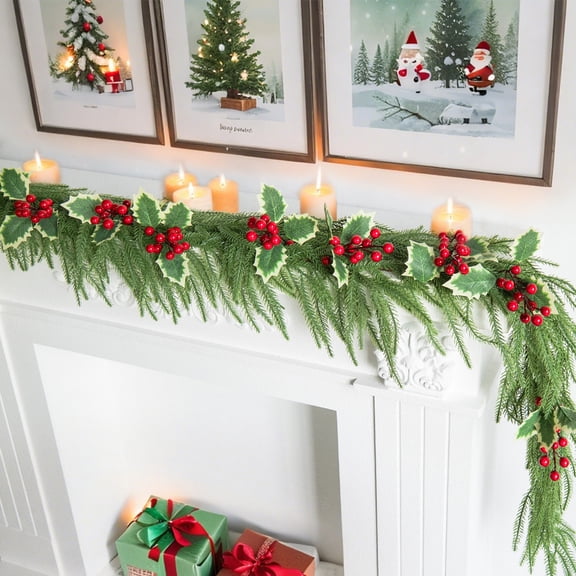 Artificial Pine Needle & Berry Christmas Garland 70.9in – Flexible PVC Wreath Vines for Mantel, Door, Porch, Winter Holiday Decor, Green, 1 Pack
