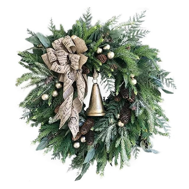 Artificial Pine Needle Cypress Wreath,Greenery Wreath with Berries Bow