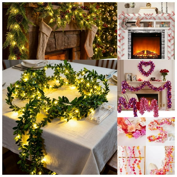 Artificial Pine Rattan Christmas Garland with 20 Led Lights - 5.7ft Holiday Decor for Indoor Outdoor Home Mantle Window Decoration, by UKHBCCC