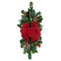 Artificial Pine Teardrop Swag with Pinecones Red Bow and LED Lights for Indoor Outdoor Holiday Decor