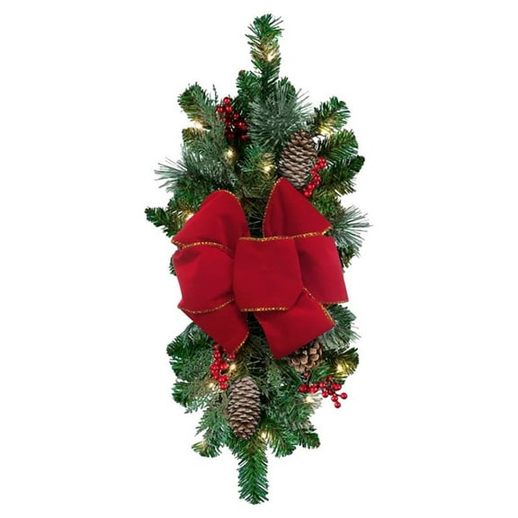 Artificial Pine Teardrop Swag with Pinecones Red Bow and LED Lights for Indoor Outdoor Holiday Decor