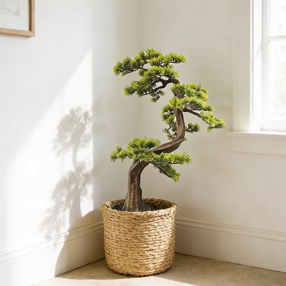 Artificial Pine Tree Faux Pine Plants Natural Trunk Plants with Plastic Planter for Home Office Indoor Outdoor Decor 2.4ft