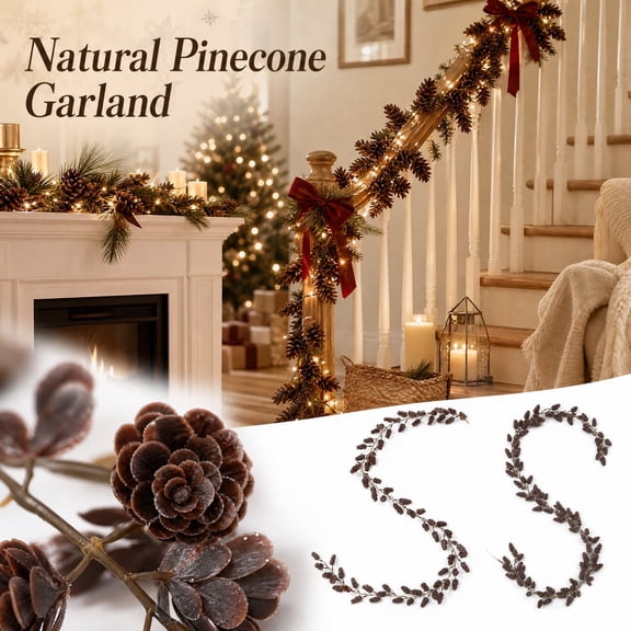 Artificial Pinecone Garland, Christmas Natural Pine Cone Greenery Vine, Winter Mantel Stair Railing Decor, Flexible Holiday Garland, Farmhouse Xmas Table Runner, Indoor Outdoor Christmas Decoration