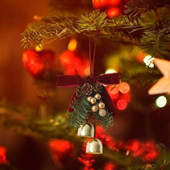 Artificial Pinecone Hanging Ornaments, Christmas Tree Decor with Bells, Faux Fir Cone and Bell Decorations for Holiday(B)