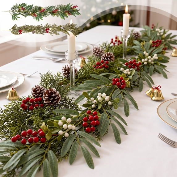 Artificial Pines Garland with Berries and Cones, Realistic Touch Faux Greenery Flexible Bendable Evergreens Vines, for Fireplace Mantels Staircases, Lazyguy