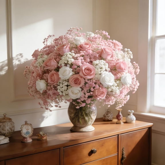 Artificial Pink And White Faux Roses And Fake Baby's Breath No Fade Long Lasting Fake Flowers For Home Decor Wedding Dining Table Centerpieces