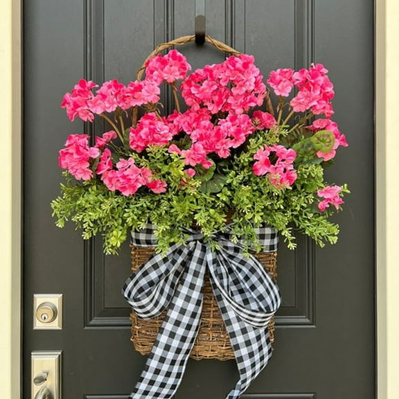 Artificial Pink Geraniums Hanging Basket, Wall Planter for Front Door Decor, Artificial Bush Rose Red Flowers, Wreath Perfect Housewarming Gift for Home, Patio, Graden