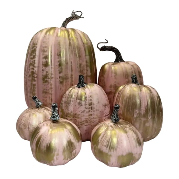Artificial Pink Gold Distressed Pumpkins Set of 7, Rustic Farmhouse Style, Fall Thanksgiving Halloween Decor, Table Centerpieces for Kitchen Home Display