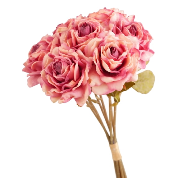 Artificial Pink Rose Bouquet, 7-Stem Faux Flowers with Burnt-Edge Fabric Petals, Peach Accents and Green Leaves for Home Vase, Wedding Centerpiece and Valentine's Day Decor