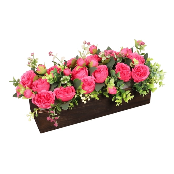 Artificial Pink Rose Floral Arrangement in Rectangular Wood-Style Planter, Tabletop Centerpiece for Dining Table, Home Decor, Weddings, Parties and Gifts