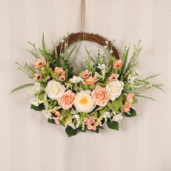 Artificial Pink Rose Wreath Rattan Wreath Spring Summer Half Circle Wreath for Front Porch Farmhouse Home Decor Valentines Day Wreath for Wall Wedding Party Decoration