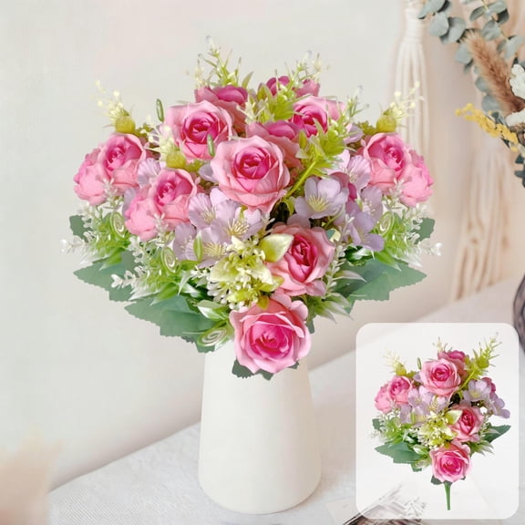 Artificial Pink Roses Bouquet | 13.39 Inch Faux Plastic Flowers for Home Decor | Wedding Centerpiece Party Venue Indoor Decoration