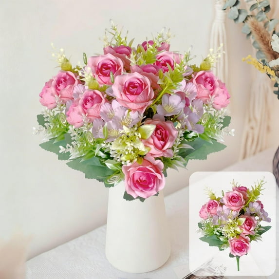 Artificial Pink Roses Bouquet | 13.39 Inch Faux Plastic Flowers for Home Decor | Wedding Centerpiece Party Venue Indoor Decoration
