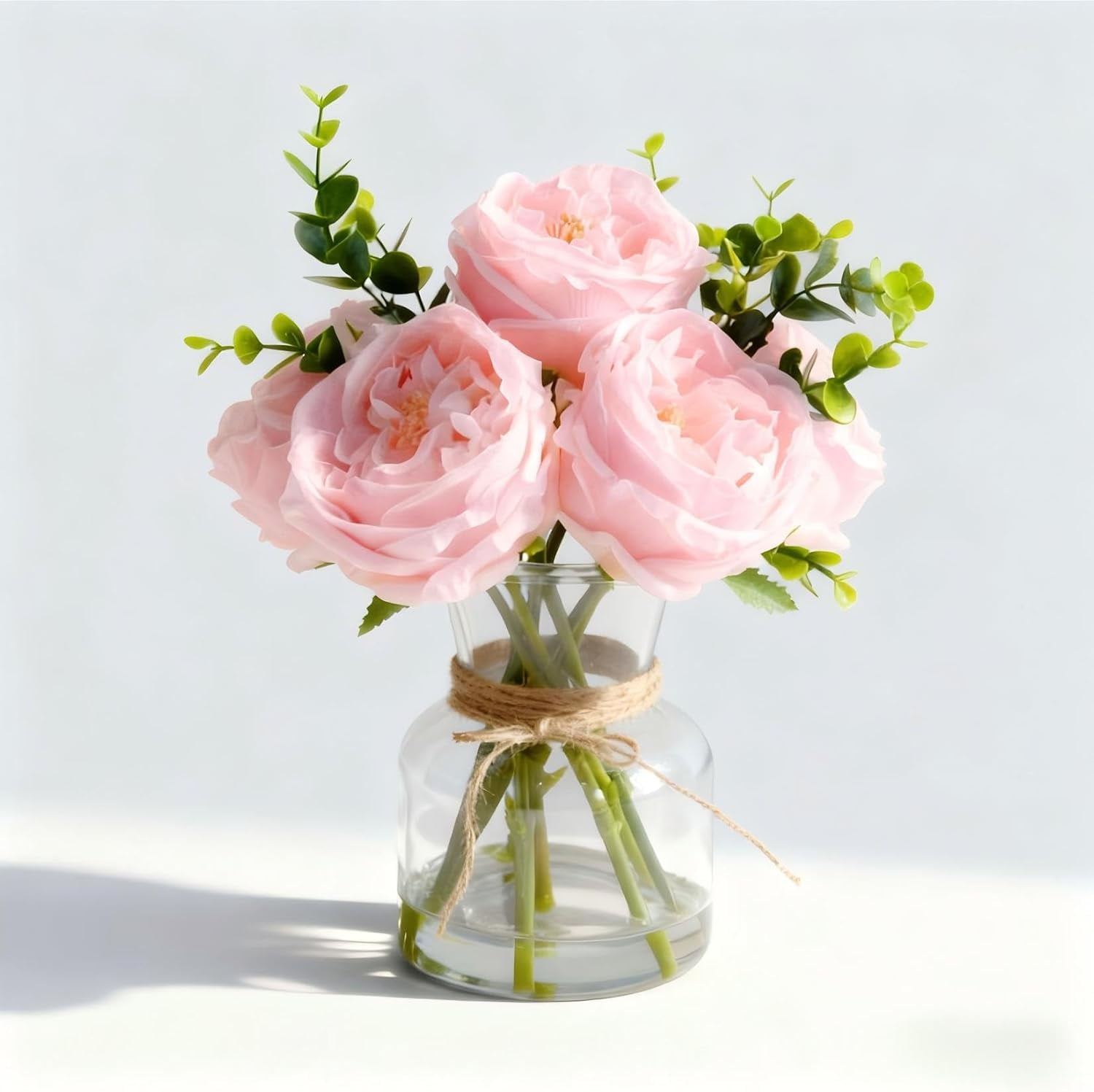 Artificial Pink Roses in Vase, Lifelike Faux Flowers Arrangement with Artificial Water, 13×10 Fake Flowers in Vase for Dining Table Centerpiece, Home & Restaurant Decor