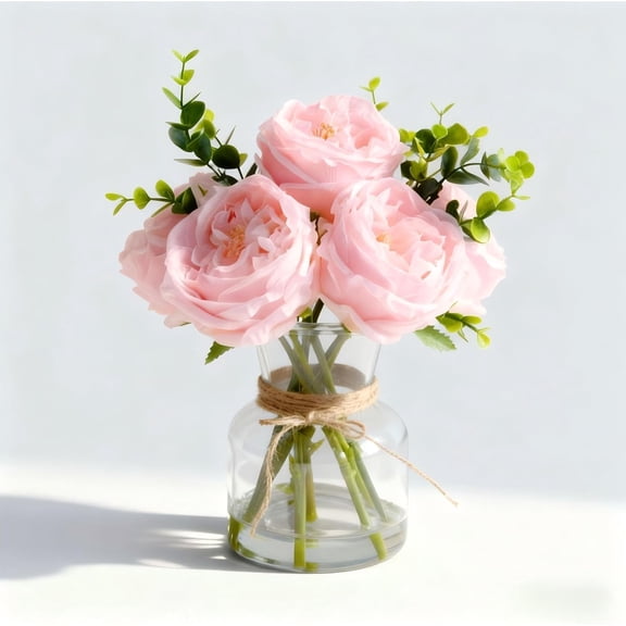 Artificial Pink Roses in Vase, Lifelike Faux Flowers Arrangement with Artificial Water, 13×10 Fake Flowers in Vase for Dining Table Centerpiece, Home & Restaurant Decor