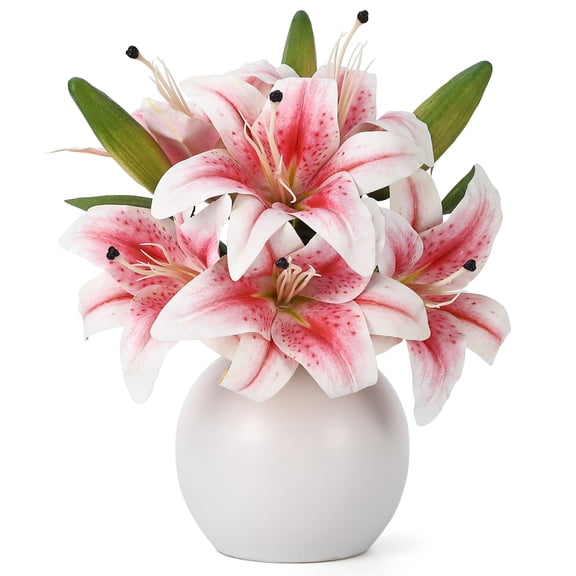Artificial Pink Tiger Lilium Flowers in Vase - 3 Stems with 6 Real Touch Blooms & 3 Buds - Lifelike Faux Arrangement for Home, Table, Wedding Centerpiece - Pink