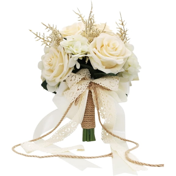 Artificial Plant, 1 Champagne White Rose Bridal Bouquet, 8.6 x 10.2 x 8.6 inches, Wedding Bouquets for Bride, Bridesmaid Bouquets with Silk Ribbon, Decoration