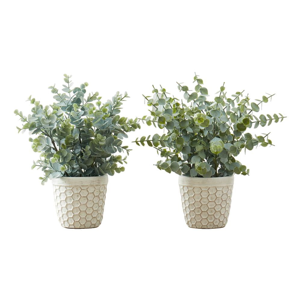 Set of 2 Green Faux Eucalyptus Grass in White Cement Pots