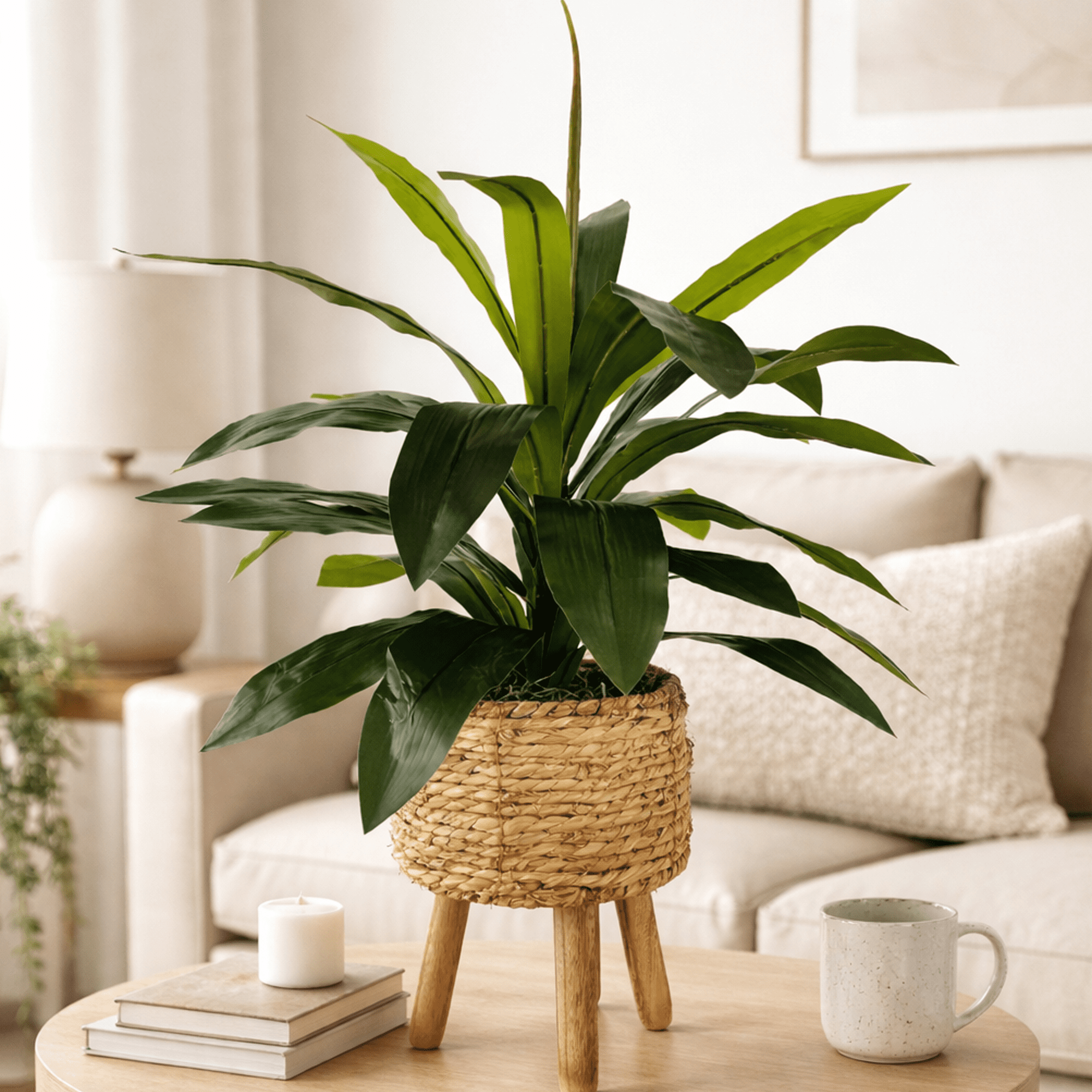 Artificial Plant, 24" Artificial Dracaena Plant in Natural Woven Tripod Basket Stand by LCG Florals, Faux Designer Fake Indoor Plant for Living Room, Office, and Home Décor