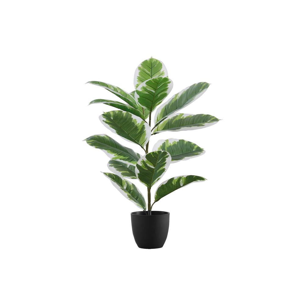 27" Tall Green and White Faux Rubber Plant in Black Pot
