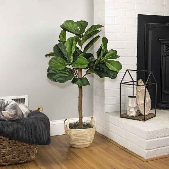 Artificial Plant, 3 ft Fig Tree in Handwoven Cream Boho Handled Basket by LCG Florals