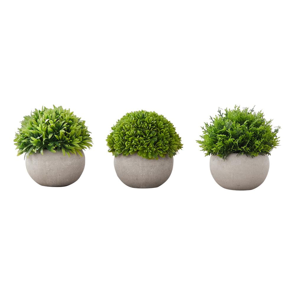 Set of 3 Green Faux Grass Plants in Gray Pots
