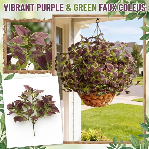 Artificial Plant, 5Pcs Fake Perilla Leaves Foliage Bundle, 12X10 Inch Purple Green Mixed Artificial Greenery, Indoor Soft Home Foliage Arrangement, for Plant Wall Decor, Wall