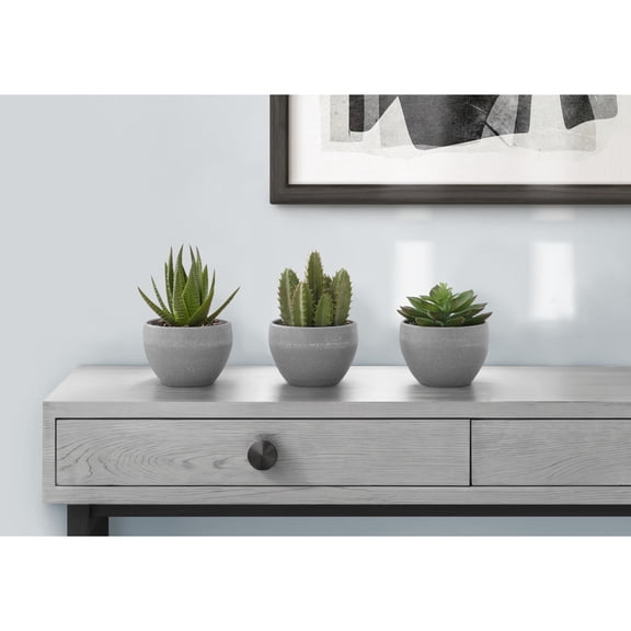 Artificial Plant, 6" Tall, Succulent, Indoor, Faux, Fake, Table, Greenery, Potted, Set Of 3, Decorative, Green Plants, Grey Cement Pots