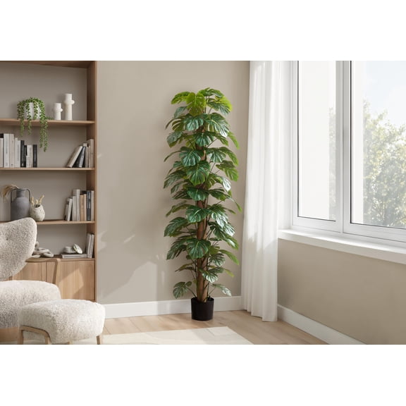 Artificial Plant, 83" Tall, Monstera Tree, Floor, Indoor, Decorative, Green Leaves, Black Pot