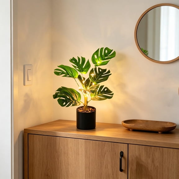 Artificial Plant LED Night Light With Pot USB, Faux Greenery Potted Plant Lamp, Warm White Lighted Monstera Palm Tree For Home Office Desk Bedroom Decor