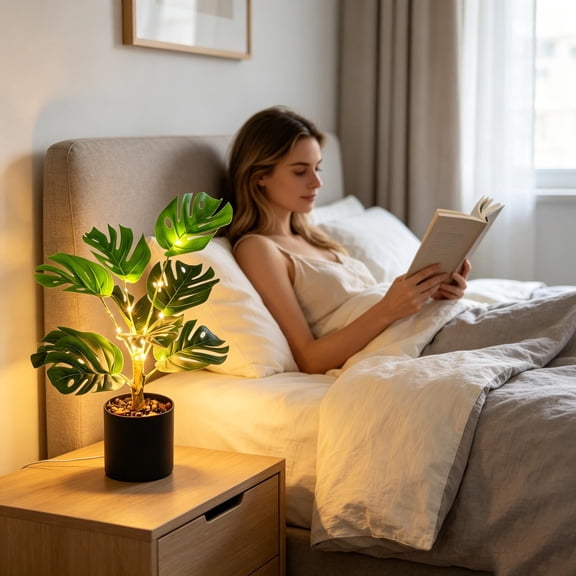 Artificial LED Night Light With Pot USB, Greenery Potted Lamp, Warm White Lighted Monstera Palm Tree For Home Office Desk Bedroom Decor