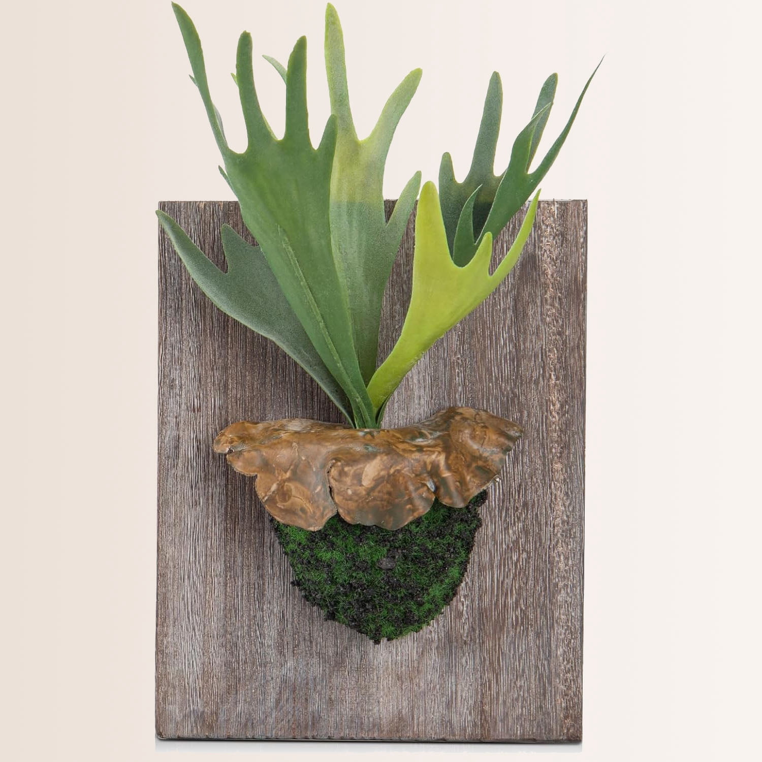 Artificial Plant Wall Decor Realistic Fake Wall Hanging Plants with Wooden Board Moss Faux Staghorn Fern Wall Plants for Home Indoor Art