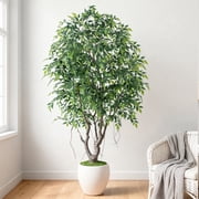 Artificial Ficus Tree 8ft 96 Natural Curved Trunk Faux Banyan in Round Planter for Home Office