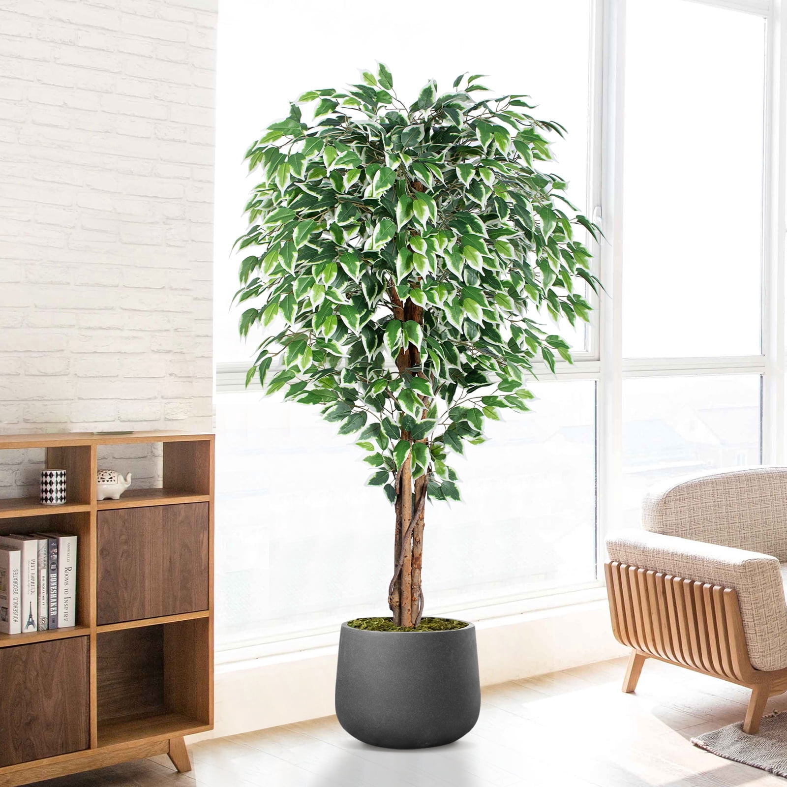 5ft Ficus Artificial Trees with 3 Natural Curved Trunks, 60" Tall Lush Faux Tree for Home Decor Indoor, Green Lifelike Fake Ficus Tree