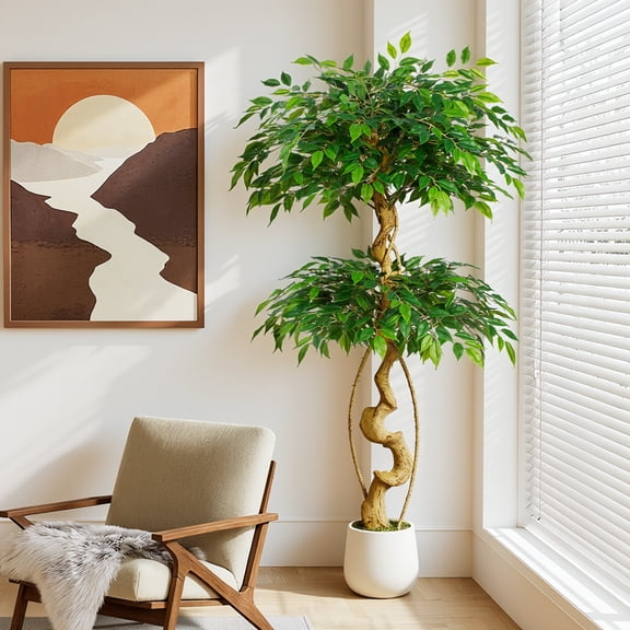 5ft Large Ficus Artificial Trees in White Pot, 60" Tall Fake Silk Tree with Natural Curved Trunk, Lush Faux Ficus Tree for Indoor Home Decor, Living Room, Office & Patio