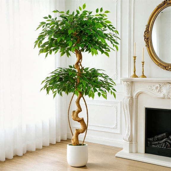 5ft Large Ficus Artificial Trees in White Pot, 60" Tall Fake Silk Tree with Natural Curved Trunk, Lush Faux Ficus Tree for Indoor Home Decor
