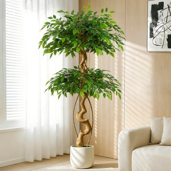 5ft Large Ficus Artificial Trees in White Pot, 60" Tall Fake Silk Tree with Natural Curved Trunk, Lush Faux Ficus Tree for Indoor Home Decor, Living Room, Office & Patio