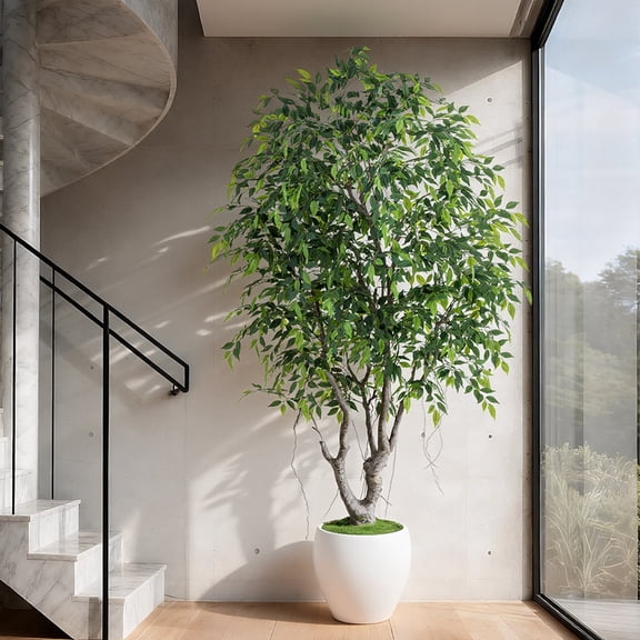 Artificial Ficus Tree 8ft 96" Natural Curved Trunk Faux Banyan in Round Planter for Home Office