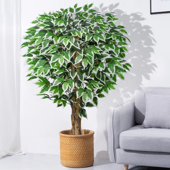 4ft Ficus Artificial Trees with Natural Curved Trunks, 48" Tall Lush Faux Tree for Home Decor Indoor, Green Lifelike Fake Ficus Tree 1 Pack